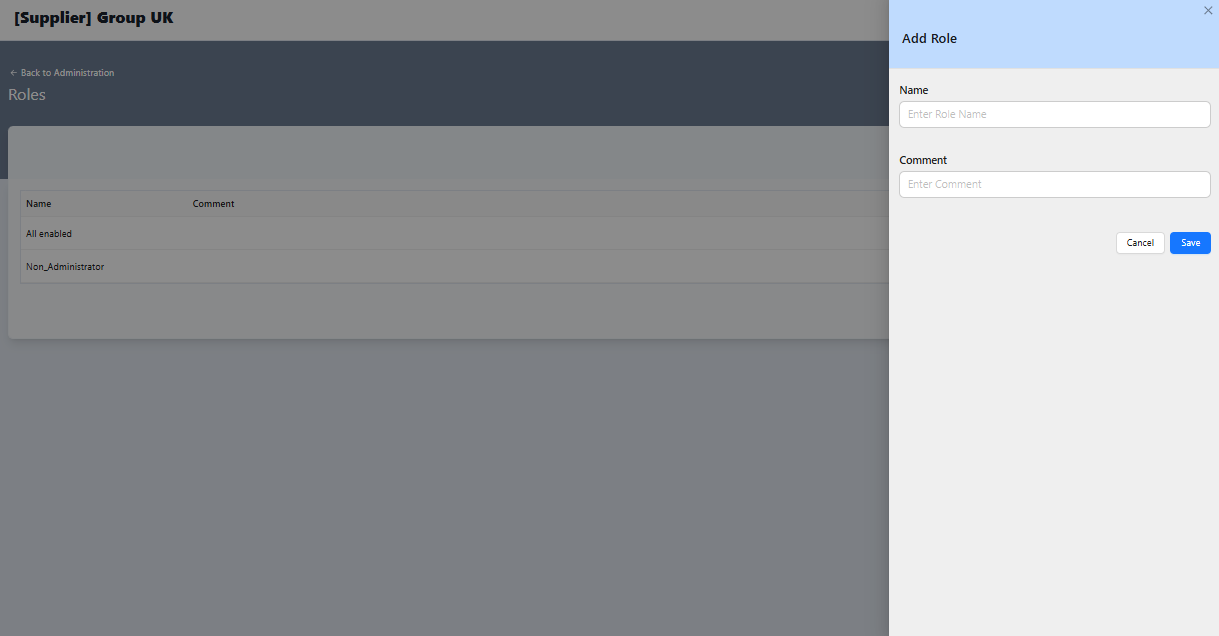 Add Role modal with Name and Comment fields