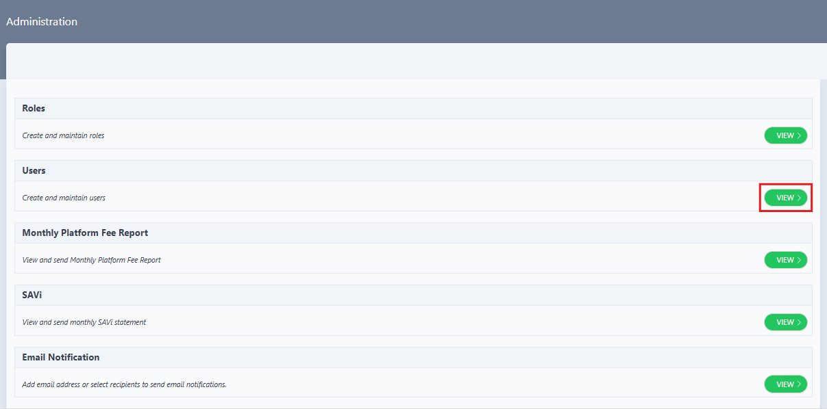 Administration page with Users option