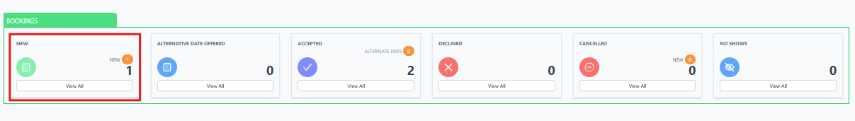 Bookings dashboard showing New and Declined tiles