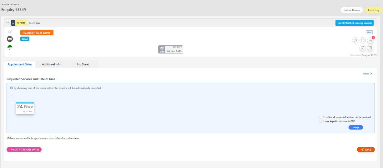 Enquiry details page showing appointment options