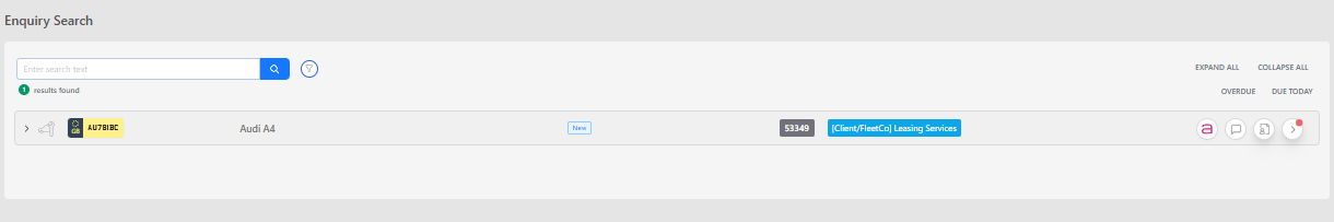Enquiry Search page with a NEW enquiry listed