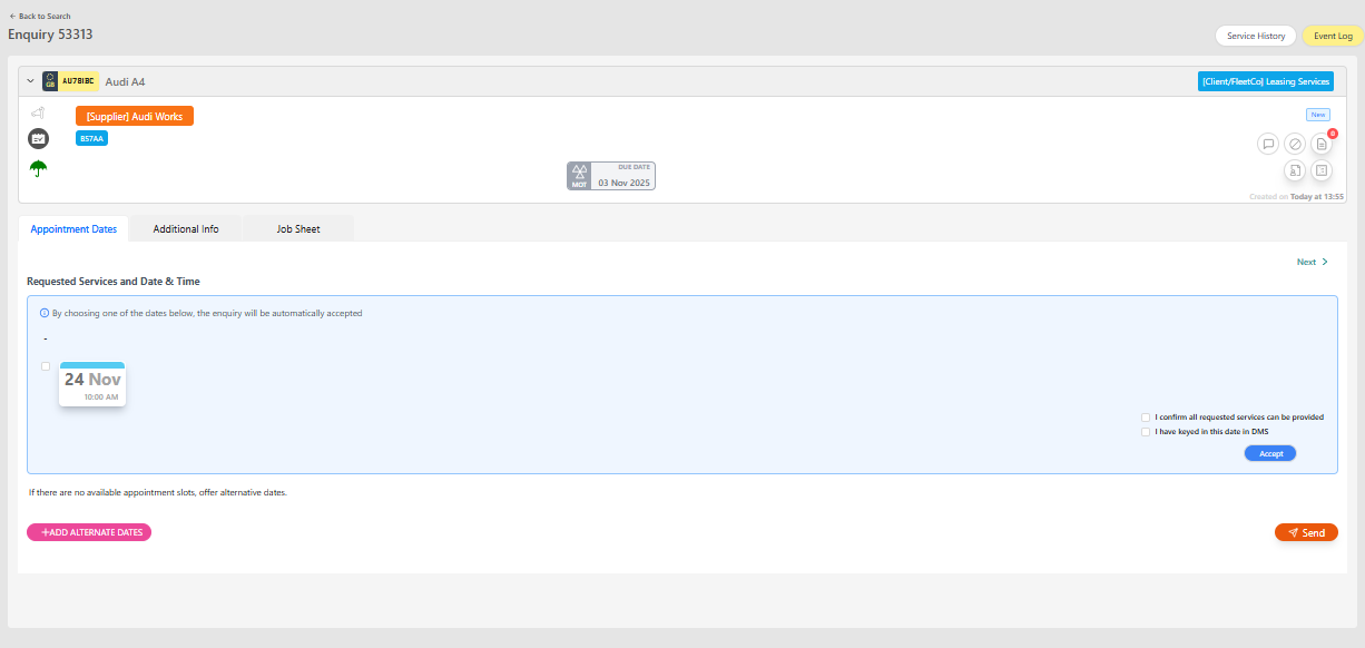 Enquiry details showing Appointment Dates tab
