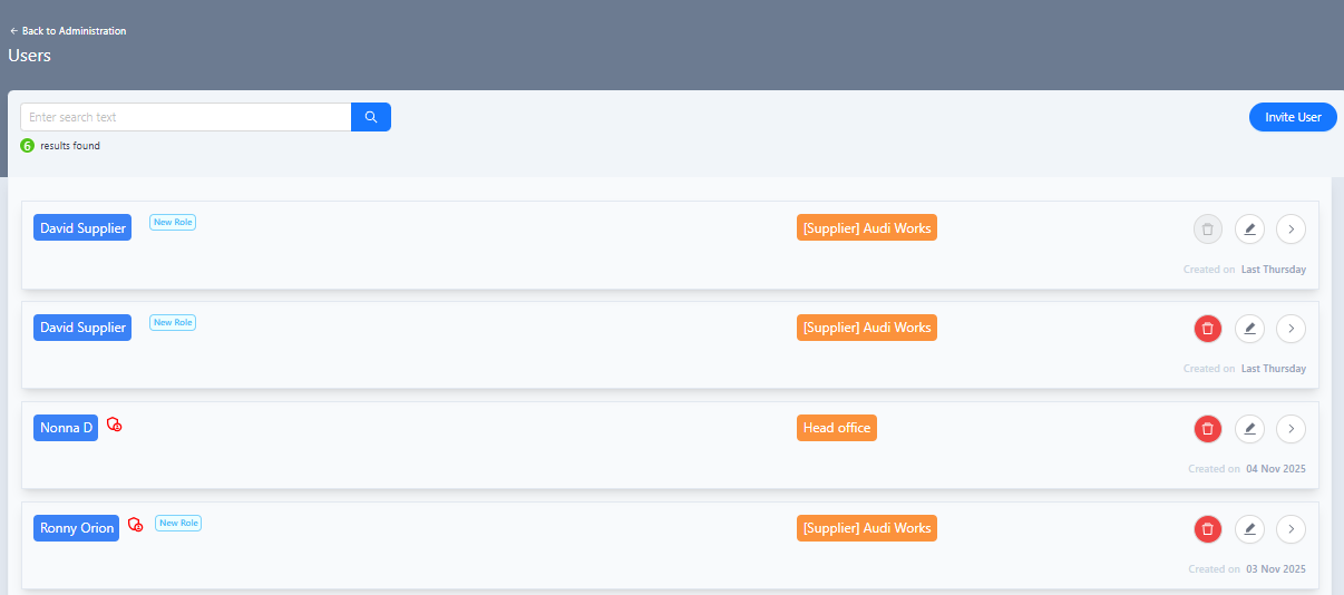 Users page showing existing users list