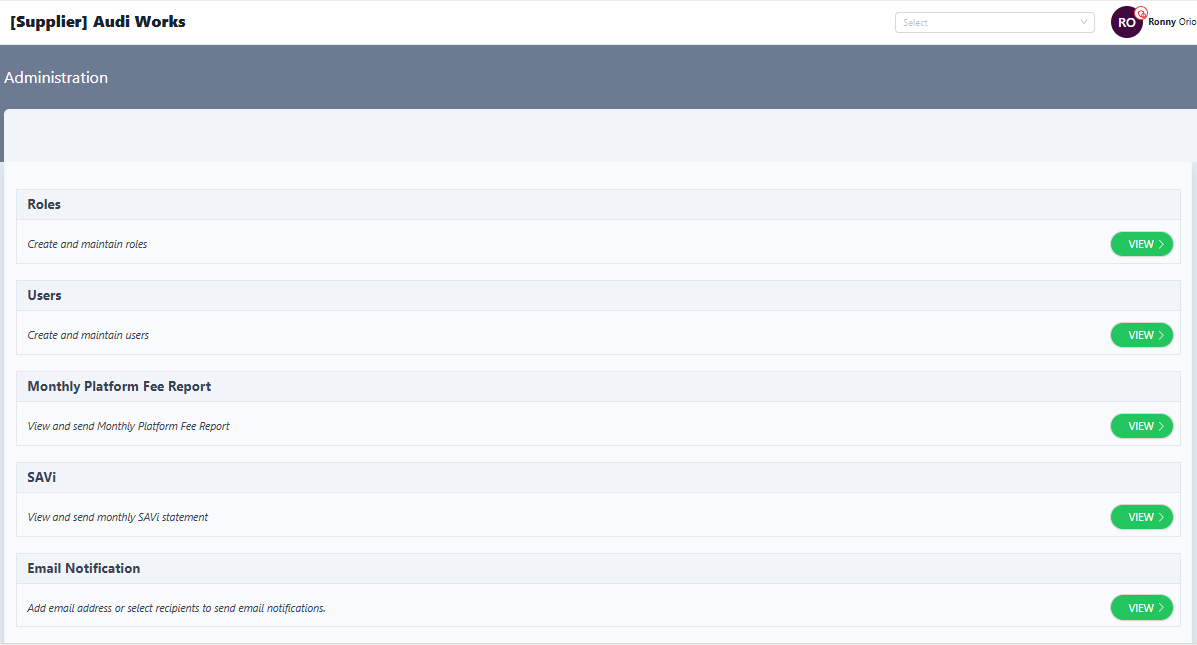 Supplier administration landing page with modules