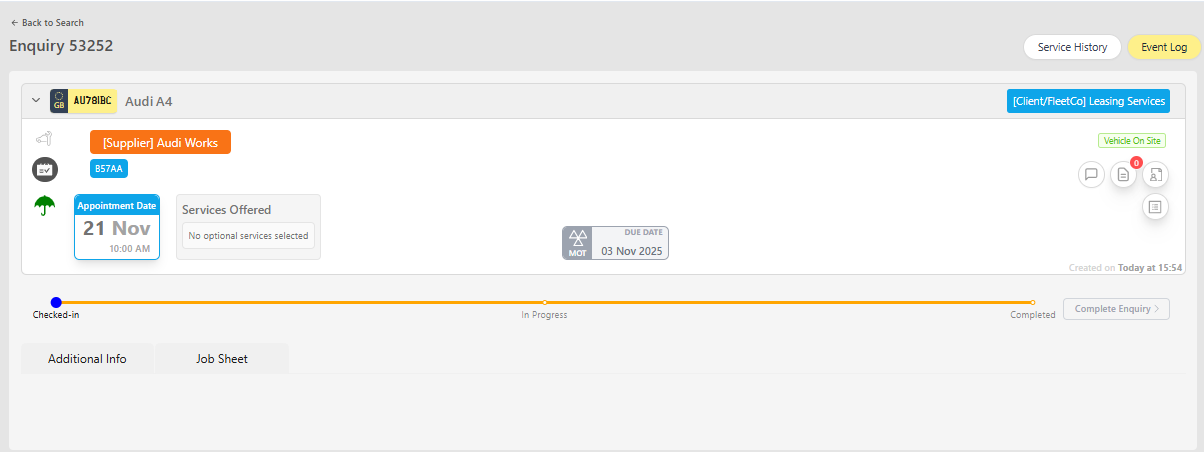 Enquiry header showing Vehicle On Site status after check in