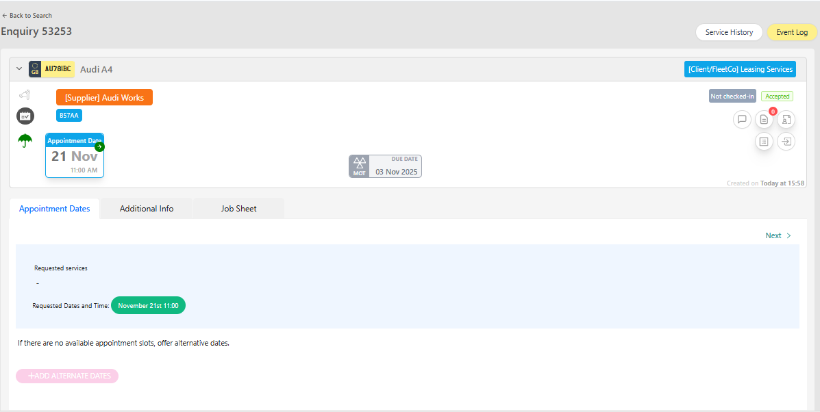 Accepted enquiry row highlighting the View Enquiry icon