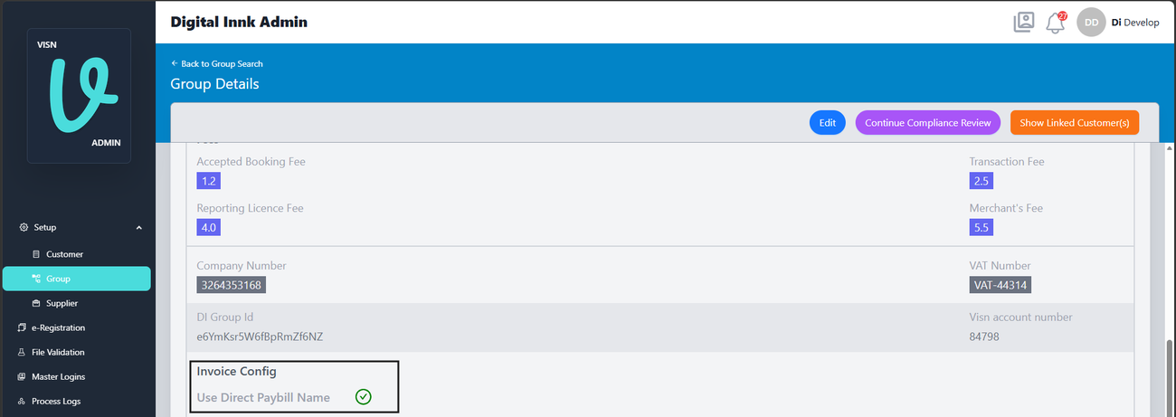 Figure 1. DI Admin Group Details: Use Direct Paybill Name is on