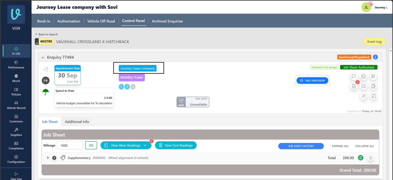 Figure 3. Control Panel enquiry shows the Direct Paybill Name, Journey Lease company