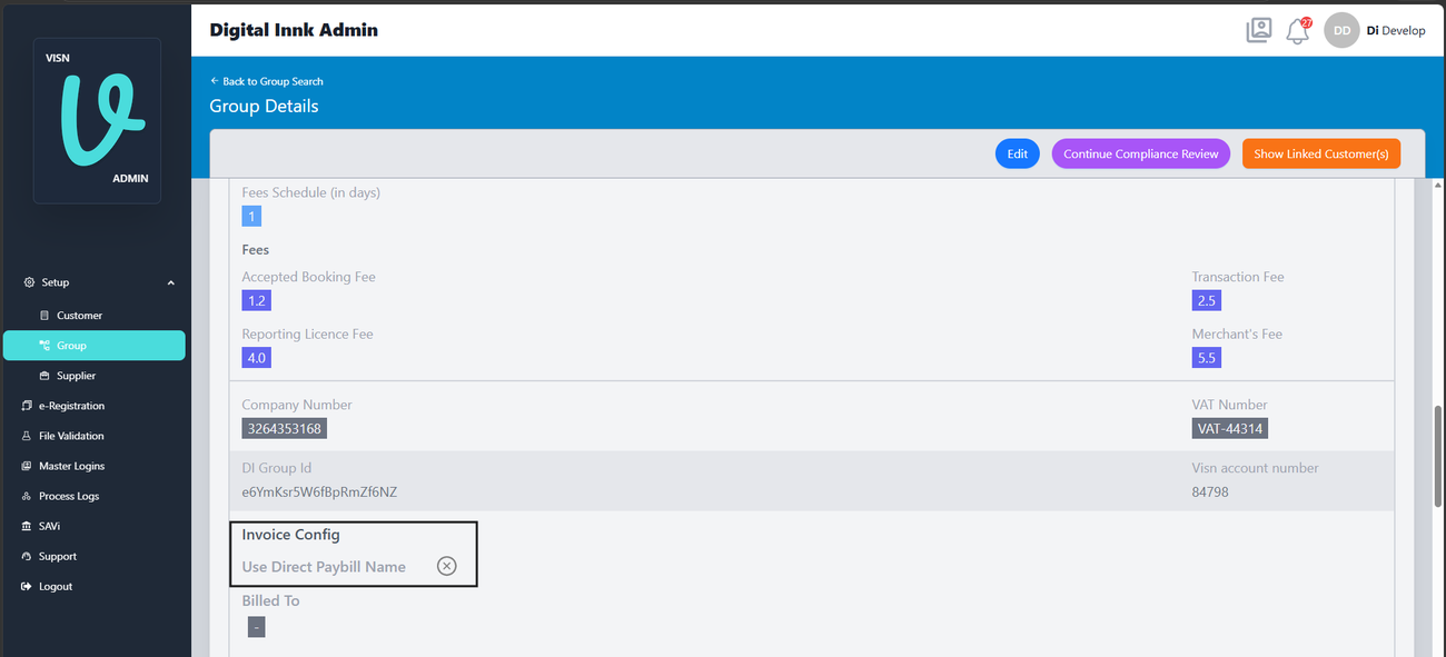 Figure 6. DI Admin Group Details: Use Direct Paybill Name is off