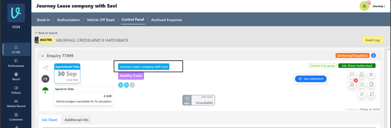 Figure 8. Control Panel enquiry shows the Regular Customer Name
