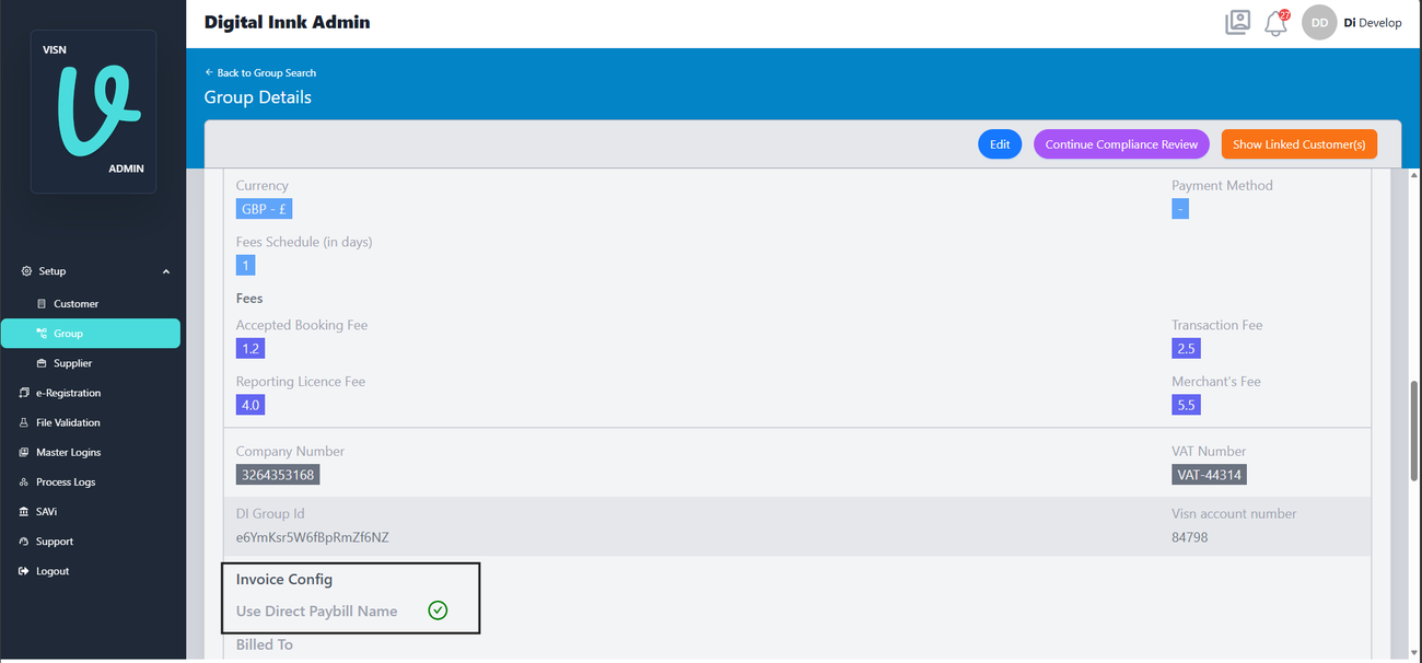 Figure 15. DI Admin Group Details: Use Direct Paybill Name is on