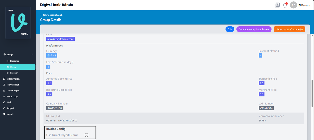 Figure 20. DI Admin Group Details: Use Direct Paybill Name is off
