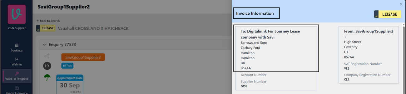 Figure 28. Invoice Information To block shows the SAVi-prefixed name and SAVi address