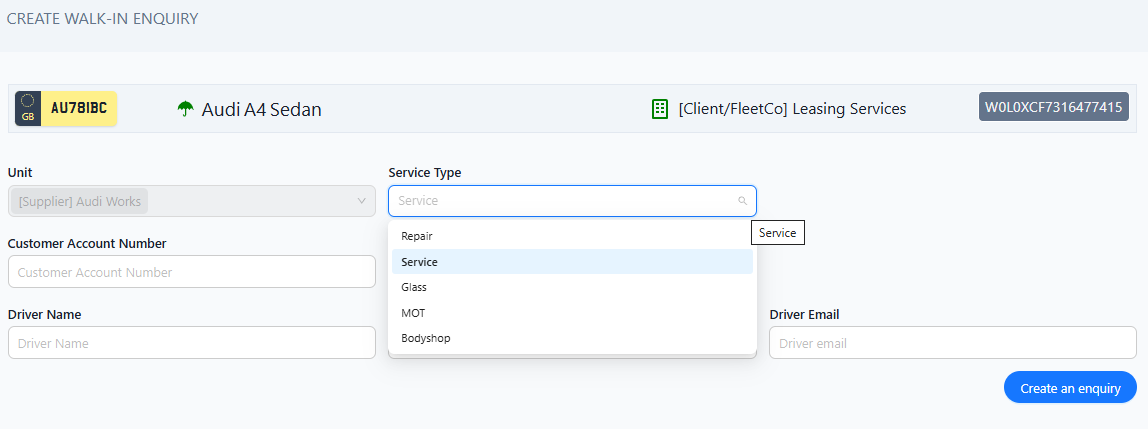 Walk‑In page — service type