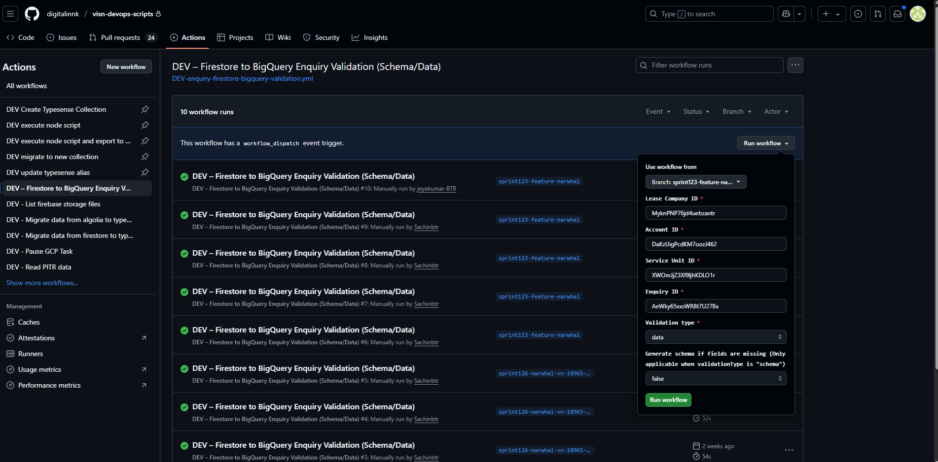 Run Firestore to BigQuery Validation Workflow