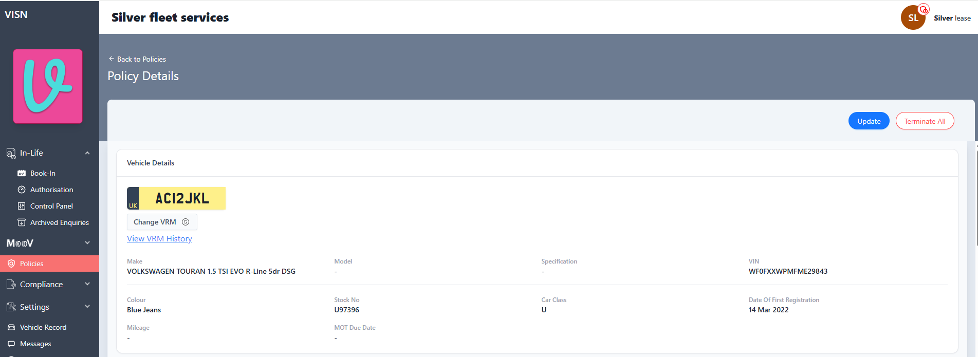 Policy details page vehicle section